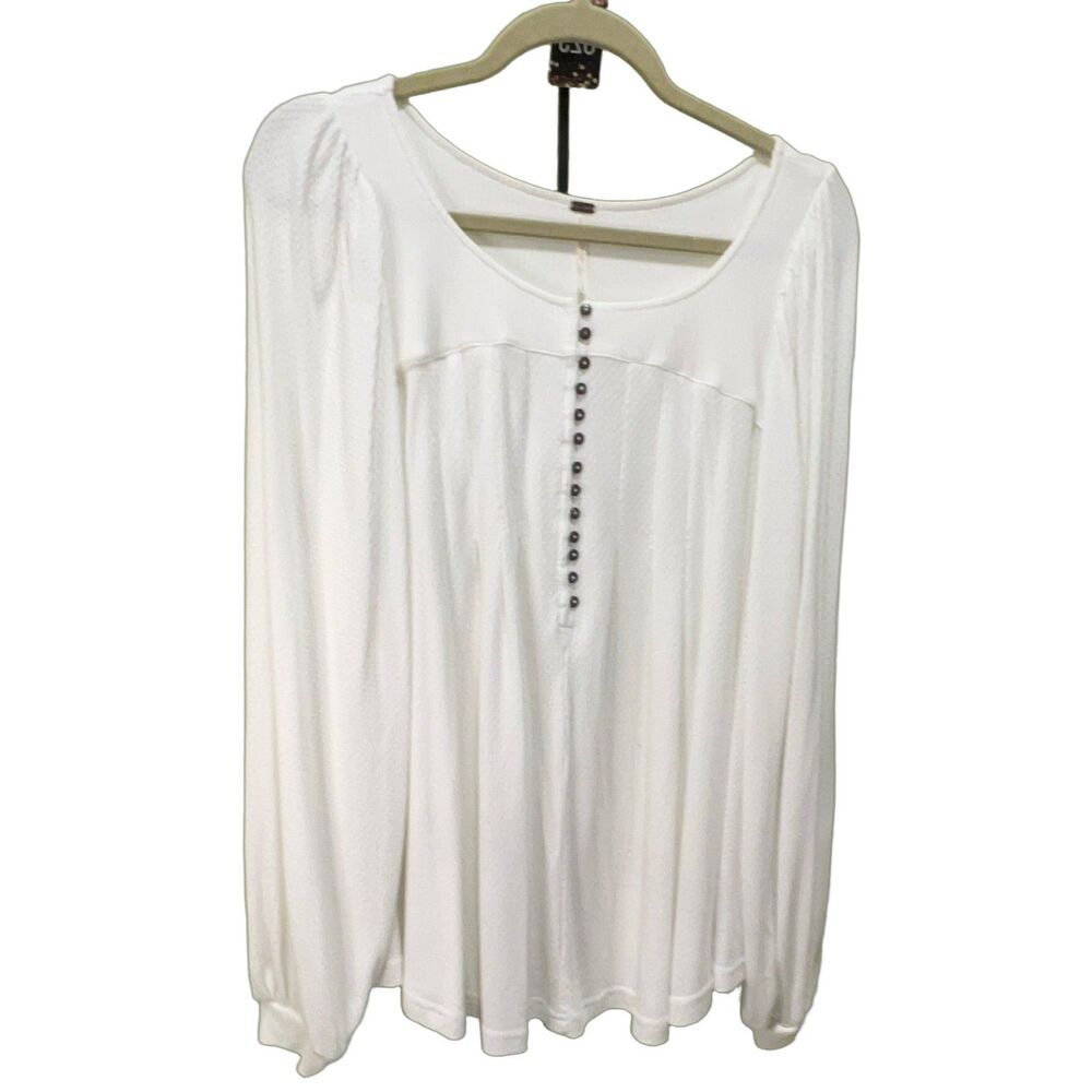 Free People Women's L White Knit Tunic Top Balloon Sleeve Scoop Neck Relaxed